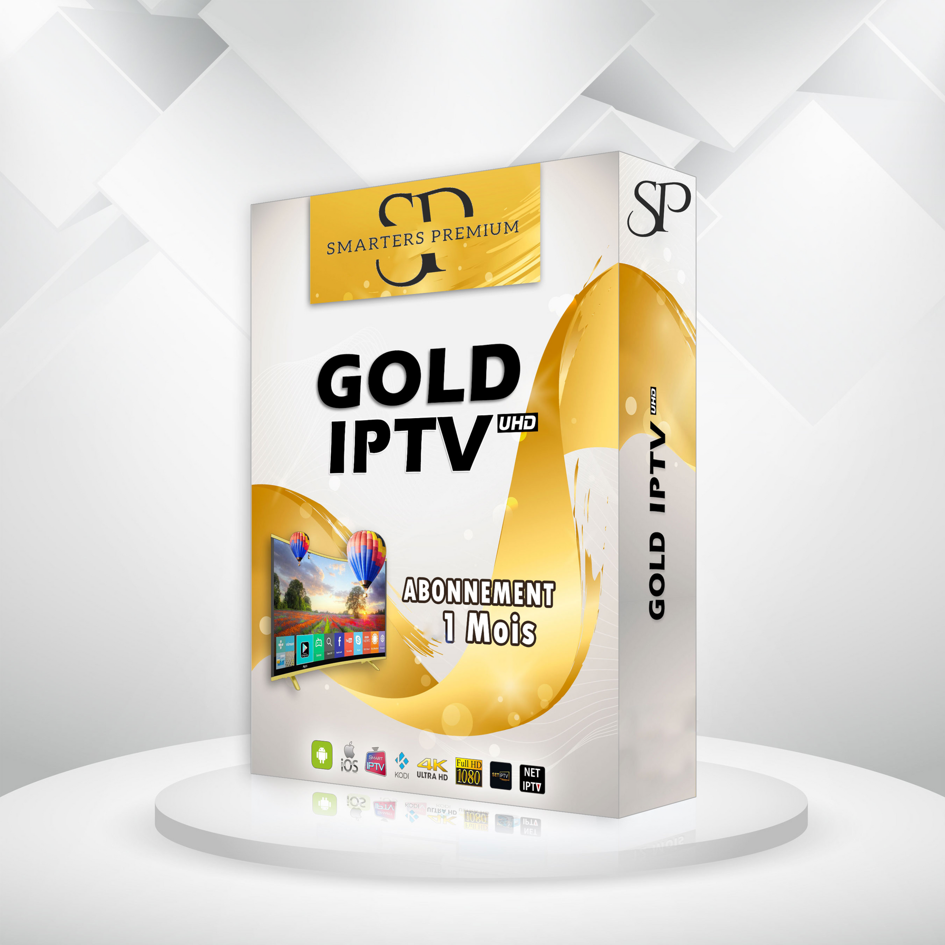 Image showing the IPTV Smarters Pro subscription package for 12 months, featuring a sleek design and prominent branding.